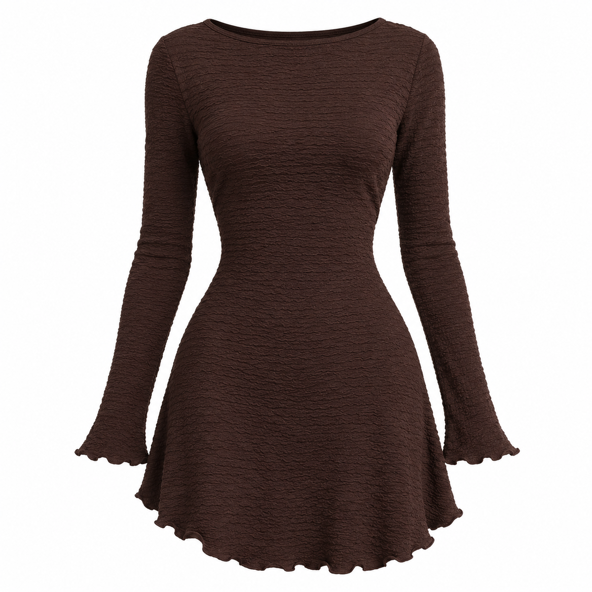 Coffee Brown Long Sleeve Mini Dress | Boat Neck Fitted Dress | Feminine A-Line Mini Dress | Brown Fall Dress | Minimalist