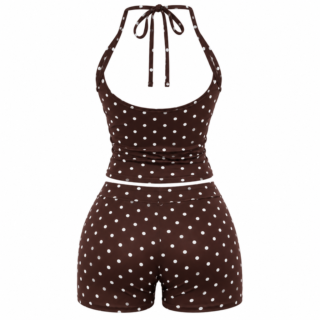 Brown Polka Dot 2 Piece Set | Halter Neck Top & Low Rise Shorts | Y2K Summer Co Ord Set | Fitted Two Piece Outfit | Brown & White