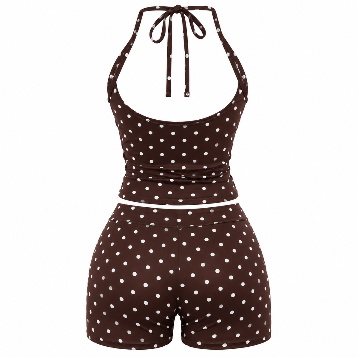 Brown Polka Dot 2 Piece Set | Halter Neck Top & Low Rise Shorts | Y2K Summer Co Ord Set | Fitted Two Piece Outfit | Brown & White