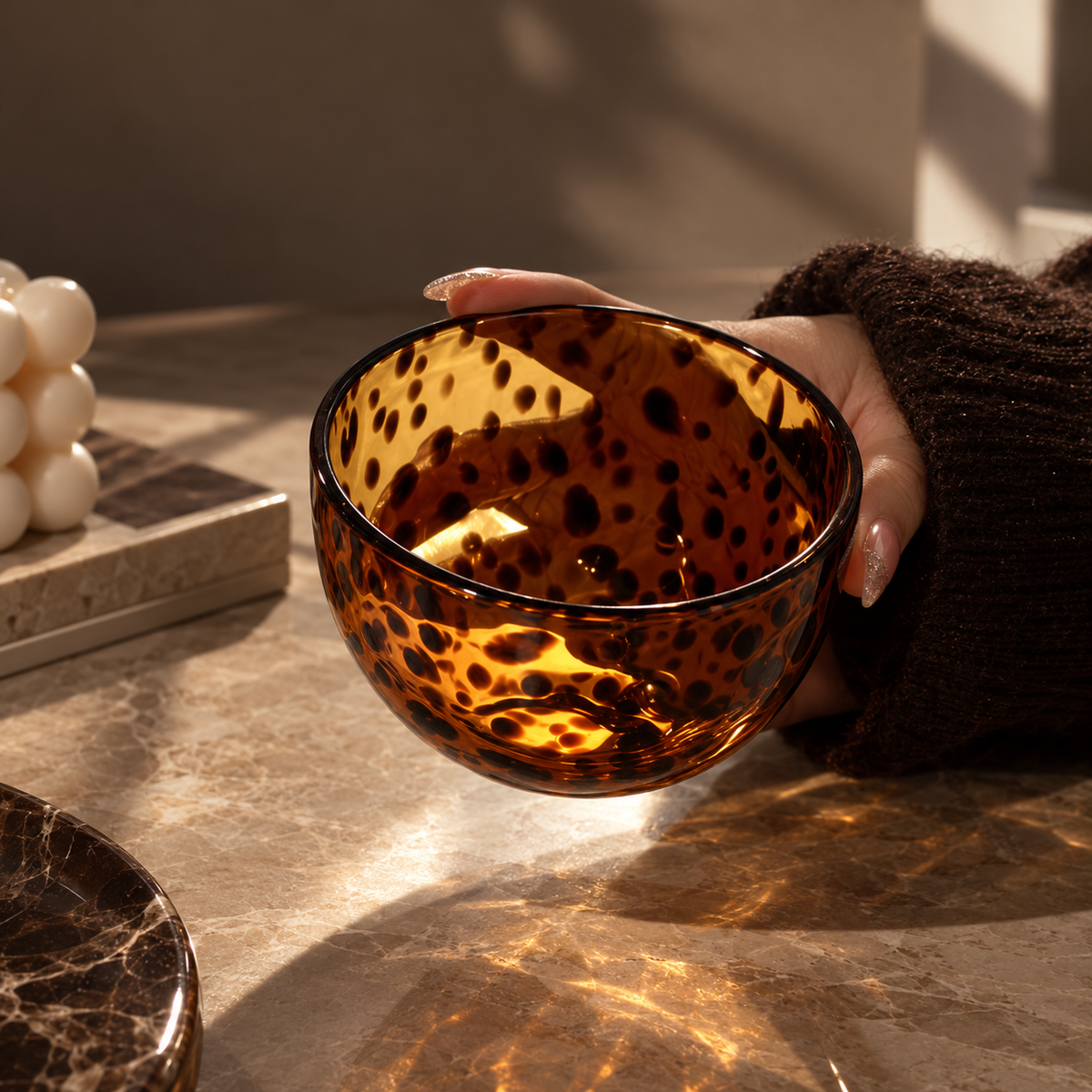 Leopard Glass Decorative Bowl | Amber Animal Print Accent Bowl | Vintage Eclectic Home Decor