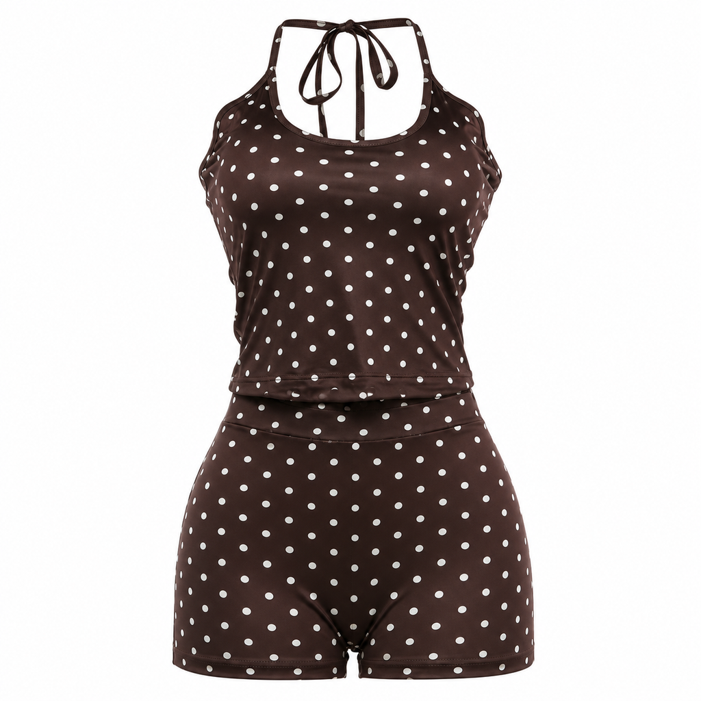 Brown Polka Dot 2 Piece Set | Halter Neck Top & Low Rise Shorts | Y2K Summer Co Ord Set | Fitted Two Piece Outfit | Brown & White