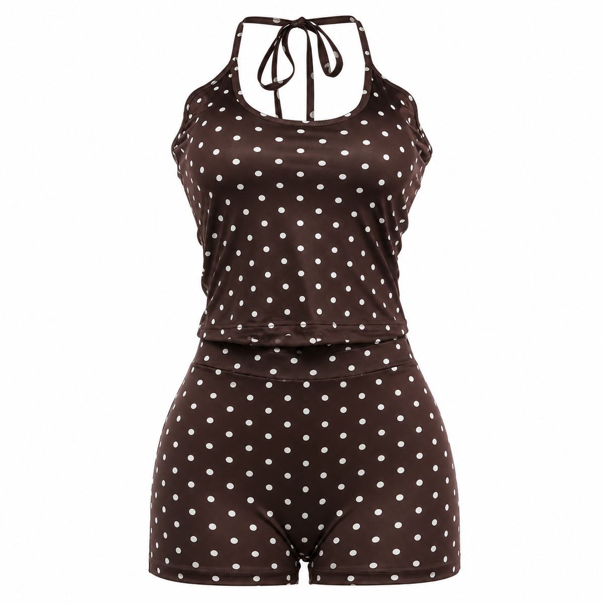 Brown Polka Dot 2 Piece Set | Halter Neck Top & Low Rise Shorts | Y2K Summer Co Ord Set | Fitted Two Piece Outfit | Brown & White