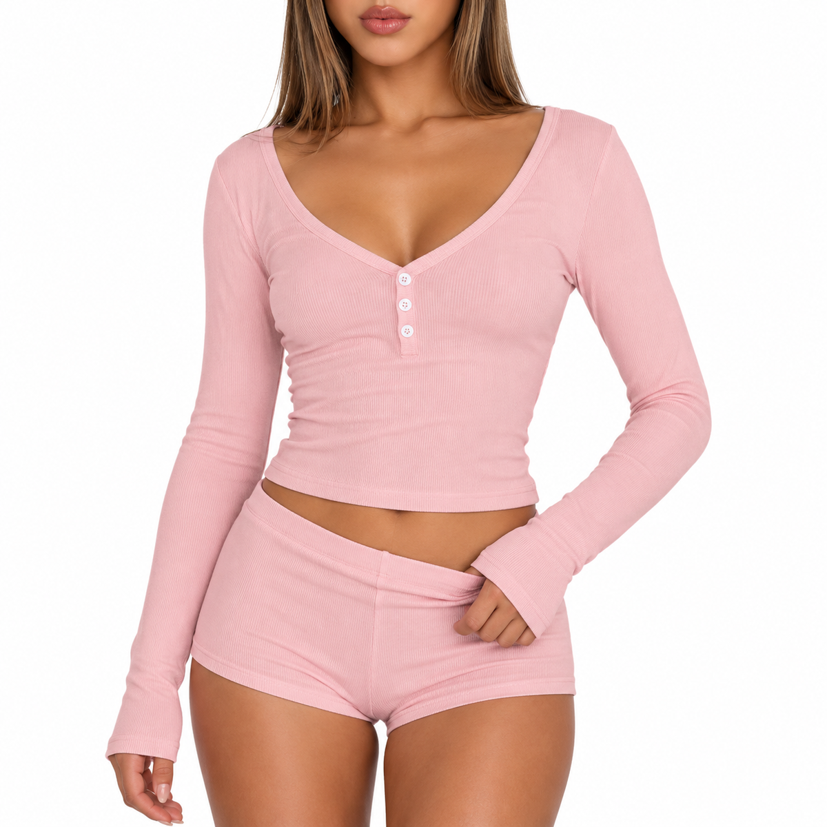 Women’s Cute 2 Piece Pajama Set – Long Sleeve Crop Top & Mini Shorts Lounge Set