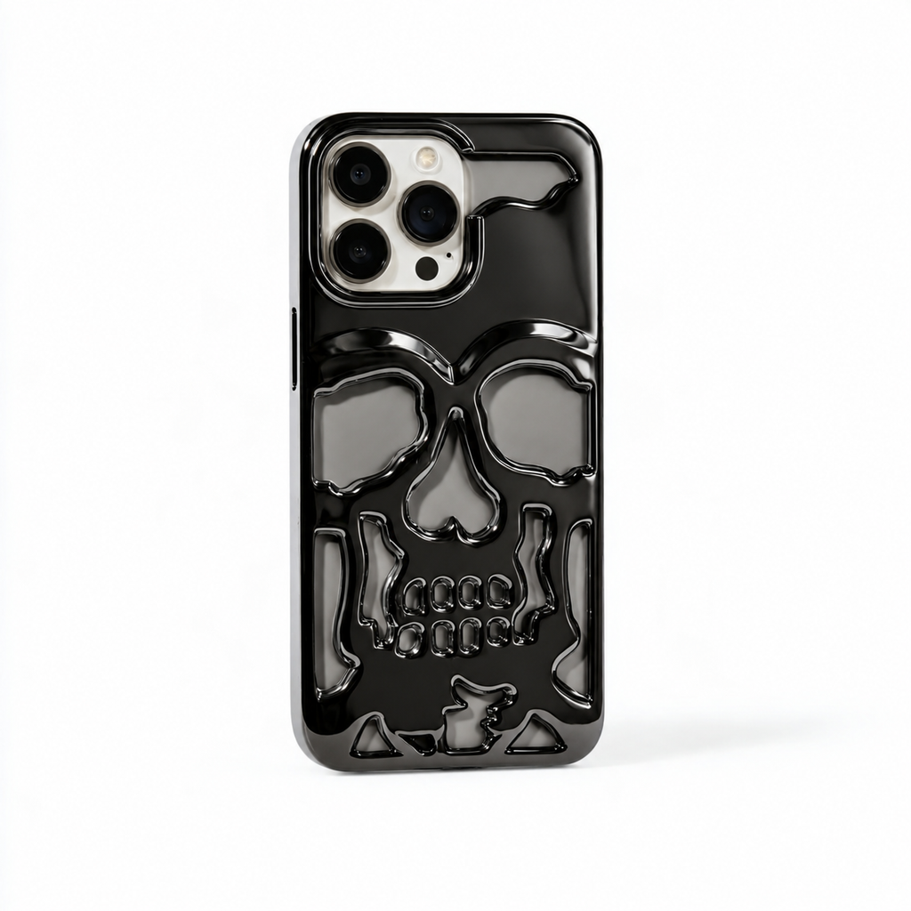 Black Chrome Skull Phone Case – 3D Sculpted Skull Design Protective Phone Cover
