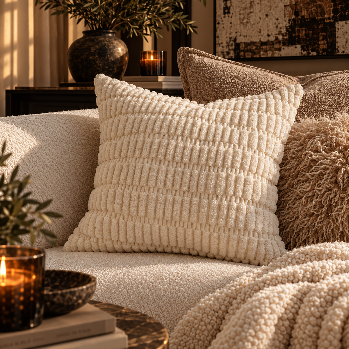 Textured Throw Pillow Cover | Neutral Chenille Decorative Pillow | Boho Minimalist Accent Cushion | Cozy Modern Home Decor