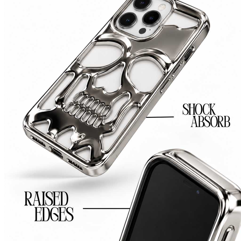 Black Chrome Skull Phone Case – 3D Sculpted Skull Design Protective Phone Cover