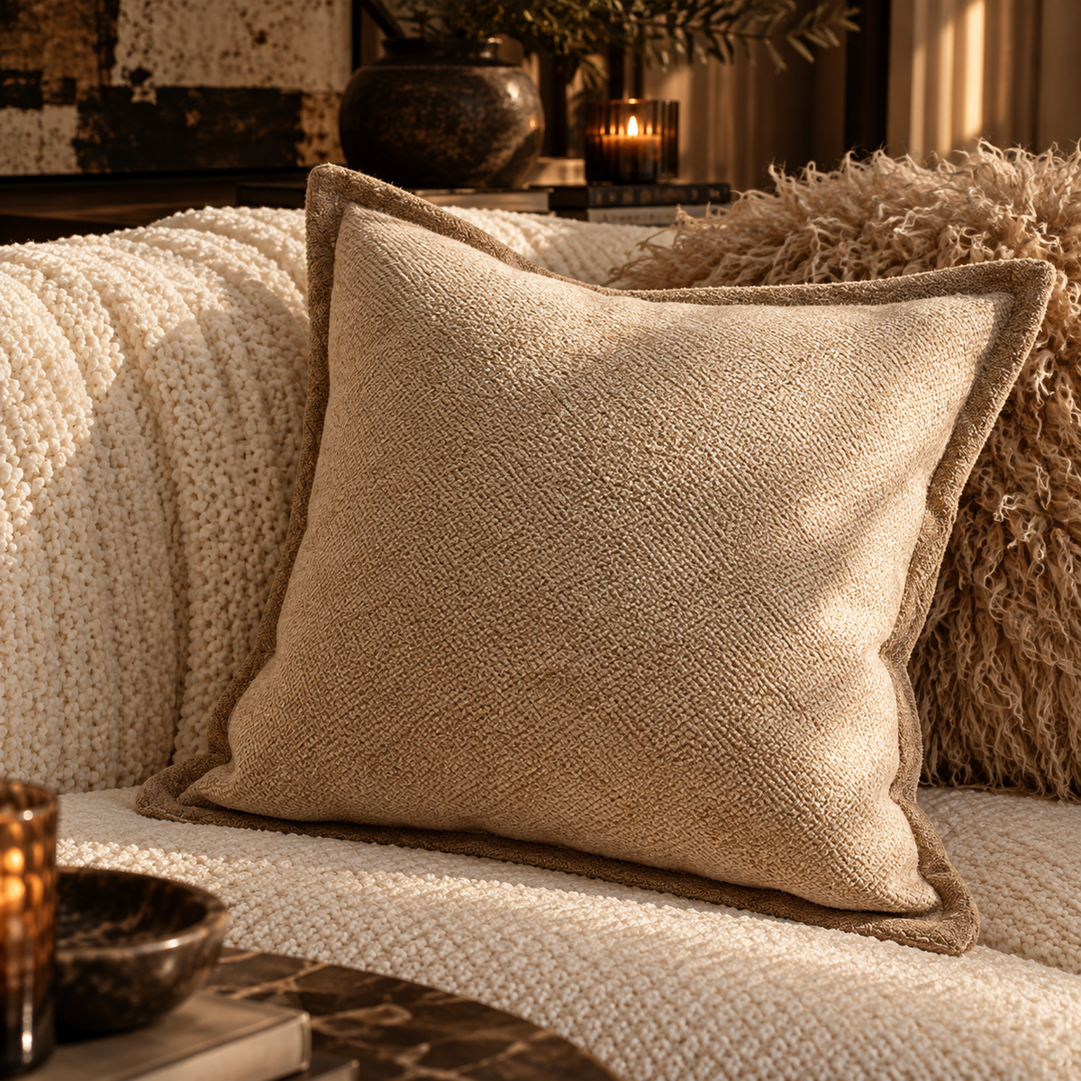 Textured Throw Pillow Cover | Neutral Chenille Decorative Pillow | Boho Minimalist Accent Cushion | Cozy Modern Home Decor