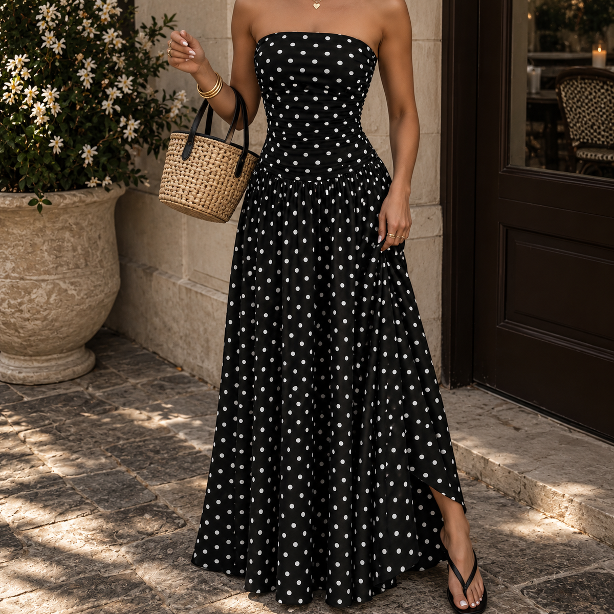 Polka Dot Strapless Maxi Dress | Black & White Off Shoulder Summer Dress | Elegant Fitted Waist Sundress | Women’s Long Dress