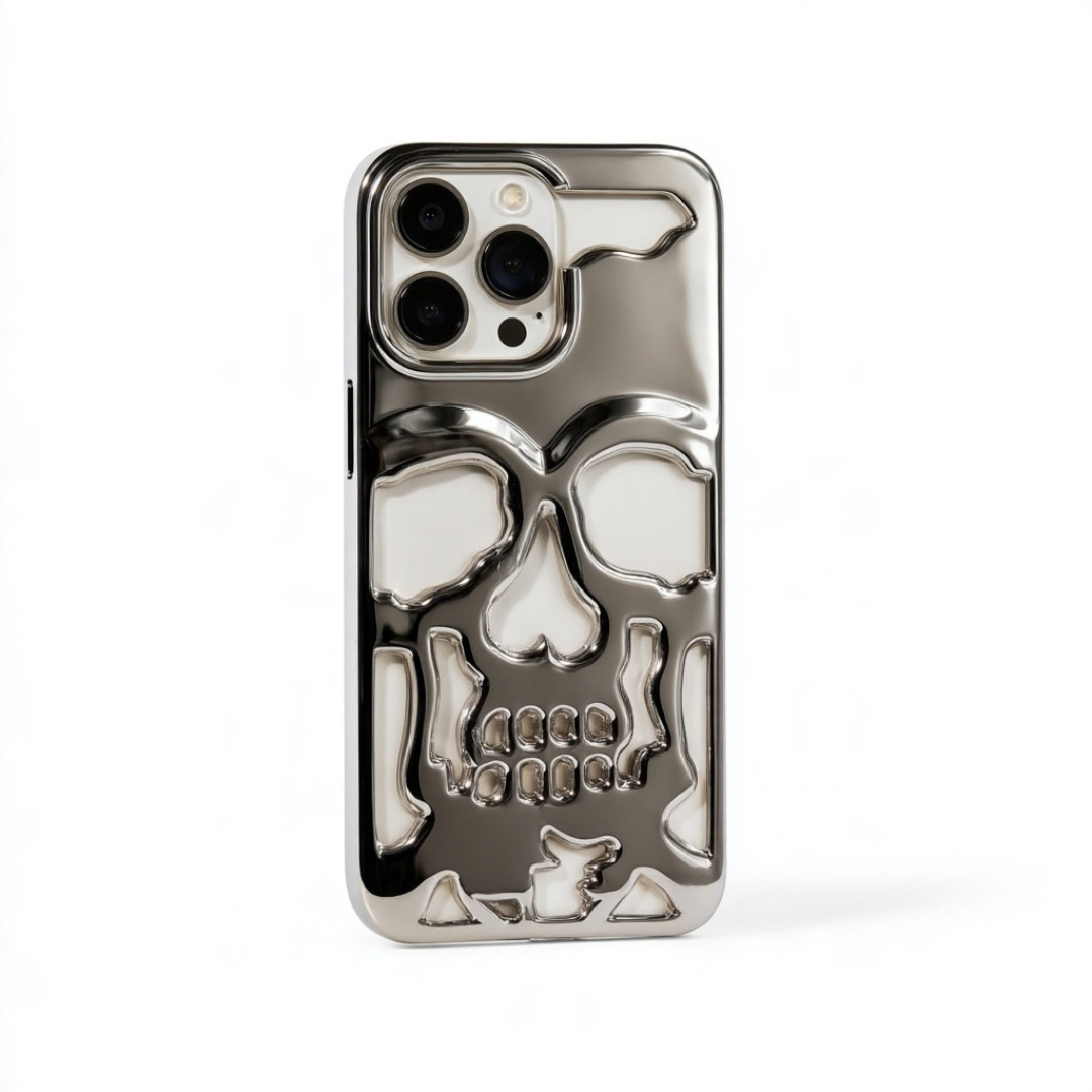 Black Chrome Skull Phone Case – 3D Sculpted Skull Design Protective Phone Cover