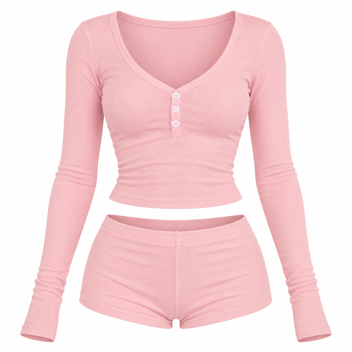 Women’s Cute 2 Piece Pajama Set – Long Sleeve Crop Top & Mini Shorts Lounge Set