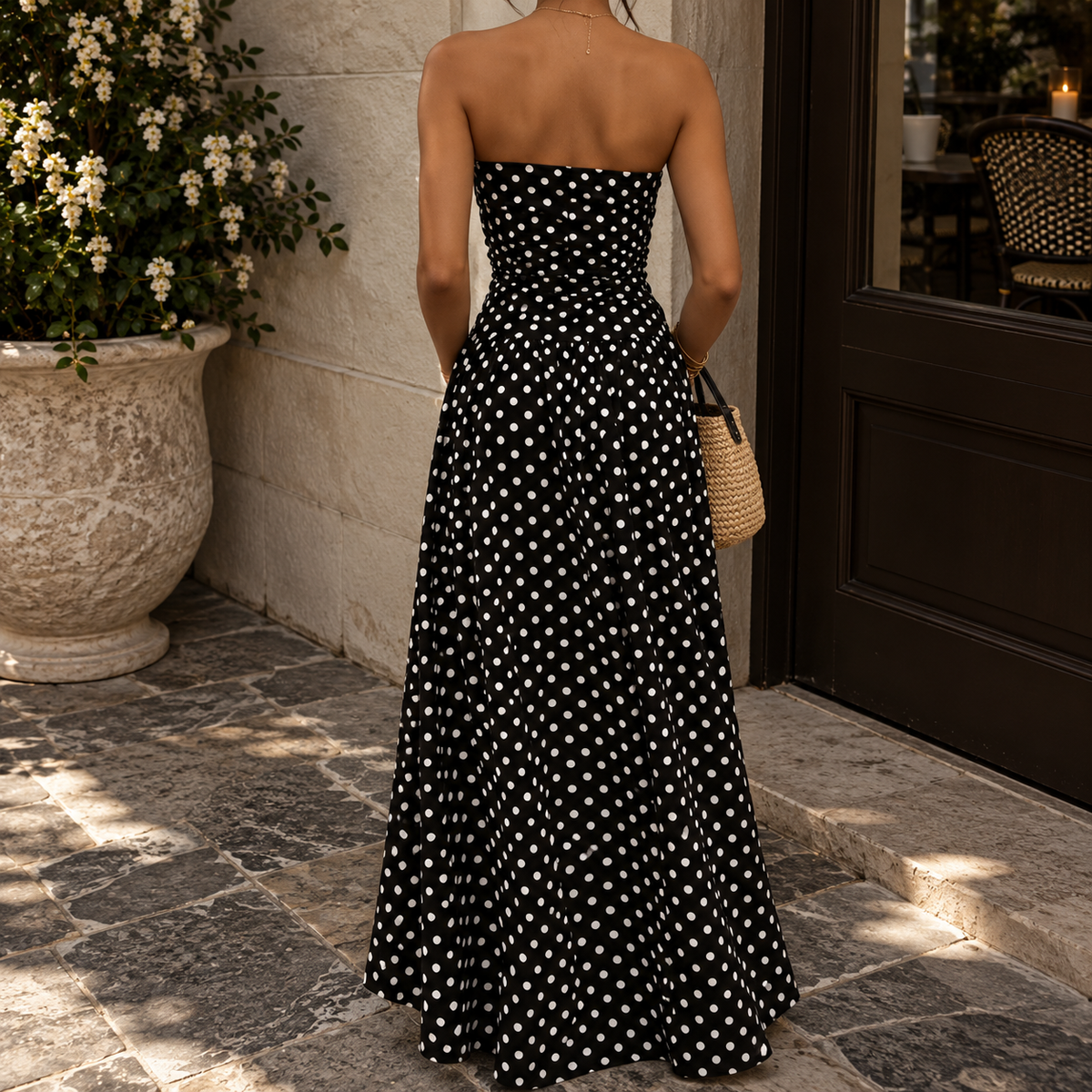 Polka Dot Strapless Maxi Dress | Black & White Off Shoulder Summer Dress | Elegant Fitted Waist Sundress | Women’s Long Dress