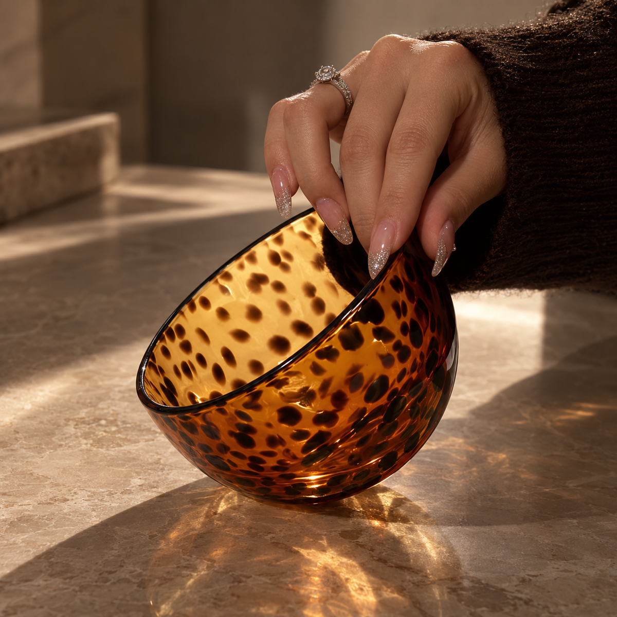 Leopard Glass Decorative Bowl | Amber Animal Print Accent Bowl | Vintage Eclectic Home Decor