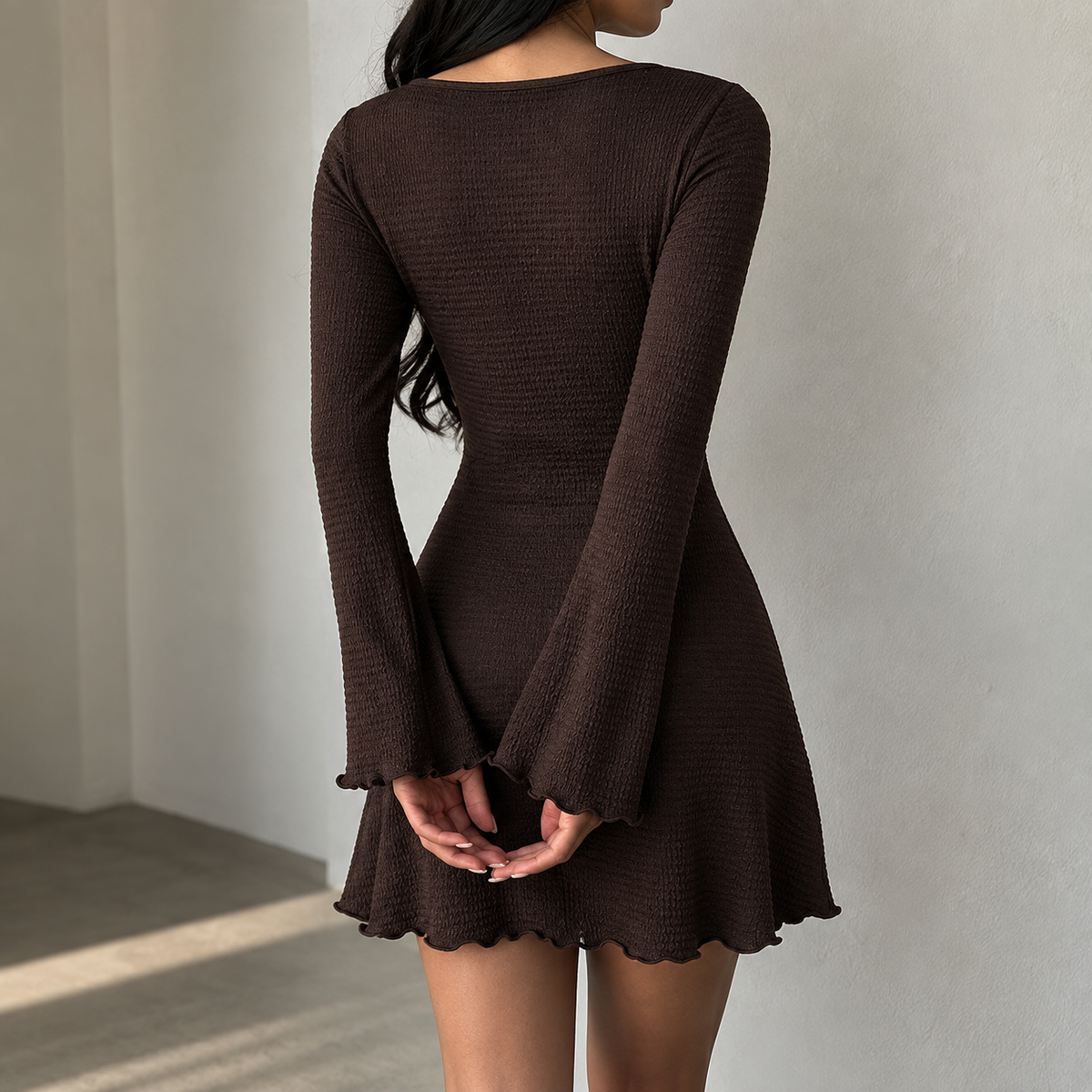 Coffee Brown Long Sleeve Mini Dress | Boat Neck Fitted Dress | Feminine A-Line Mini Dress | Brown Fall Dress | Minimalist