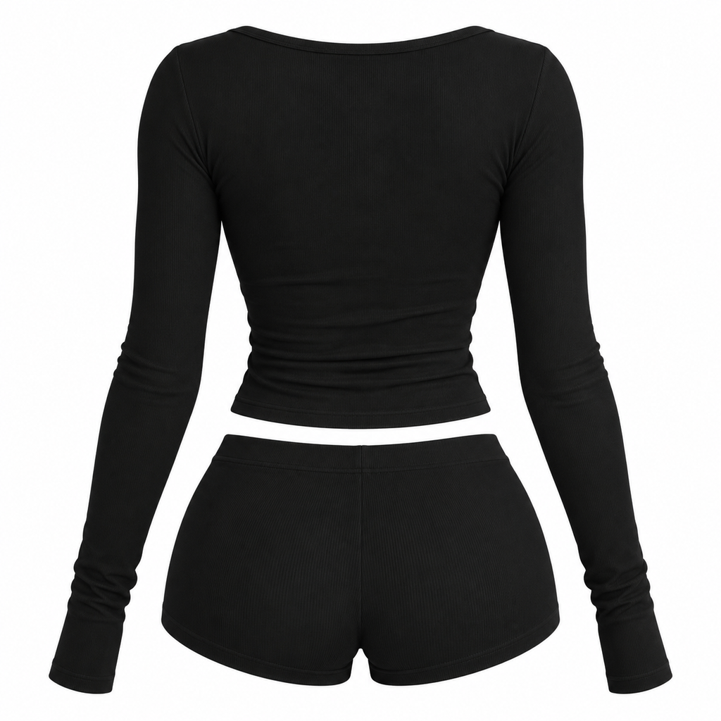 Women’s Cute 2 Piece Pajama Set – Long Sleeve Crop Top & Mini Shorts Lounge Set