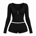 Women’s Cute 2 Piece Pajama Set – Long Sleeve Crop Top & Mini Shorts Lounge Set