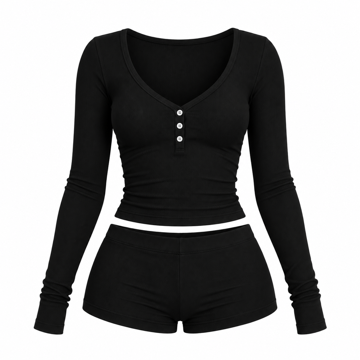 Women’s Cute 2 Piece Pajama Set – Long Sleeve Crop Top & Mini Shorts Lounge Set