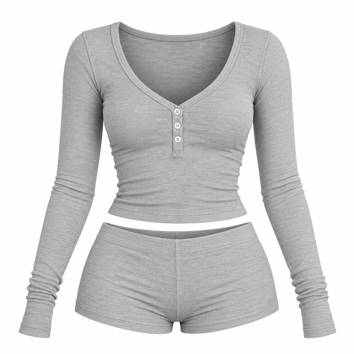 Women’s Cute 2 Piece Pajama Set – Long Sleeve Crop Top & Mini Shorts Lounge Set