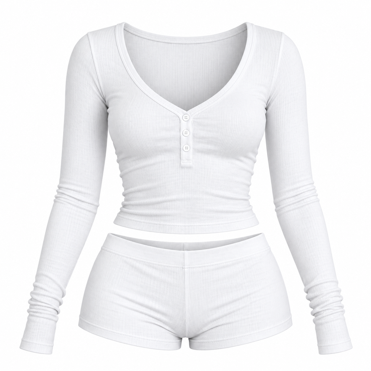 Women’s Cute 2 Piece Pajama Set – Long Sleeve Crop Top & Mini Shorts Lounge Set