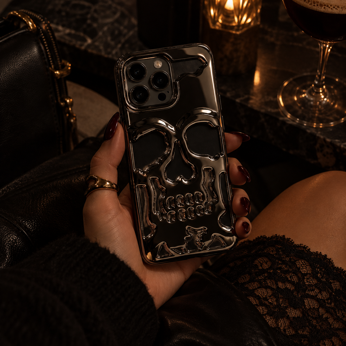 Black Chrome Skull Phone Case – 3D Sculpted Skull Design Protective Phone Cover