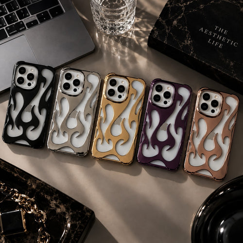 Zelpora iPhone cases featuring chrome flame designs in black, silver, gold, plum, and bronze on frosted backings.
