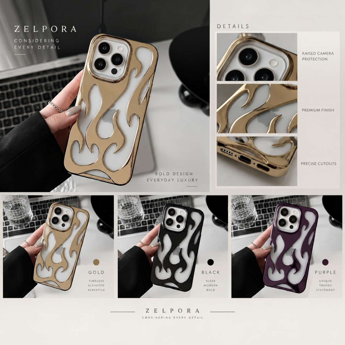 Zelpora chrome flame phone cases in gold, black, and purple with raised metallic flame detailing and frosted finish.