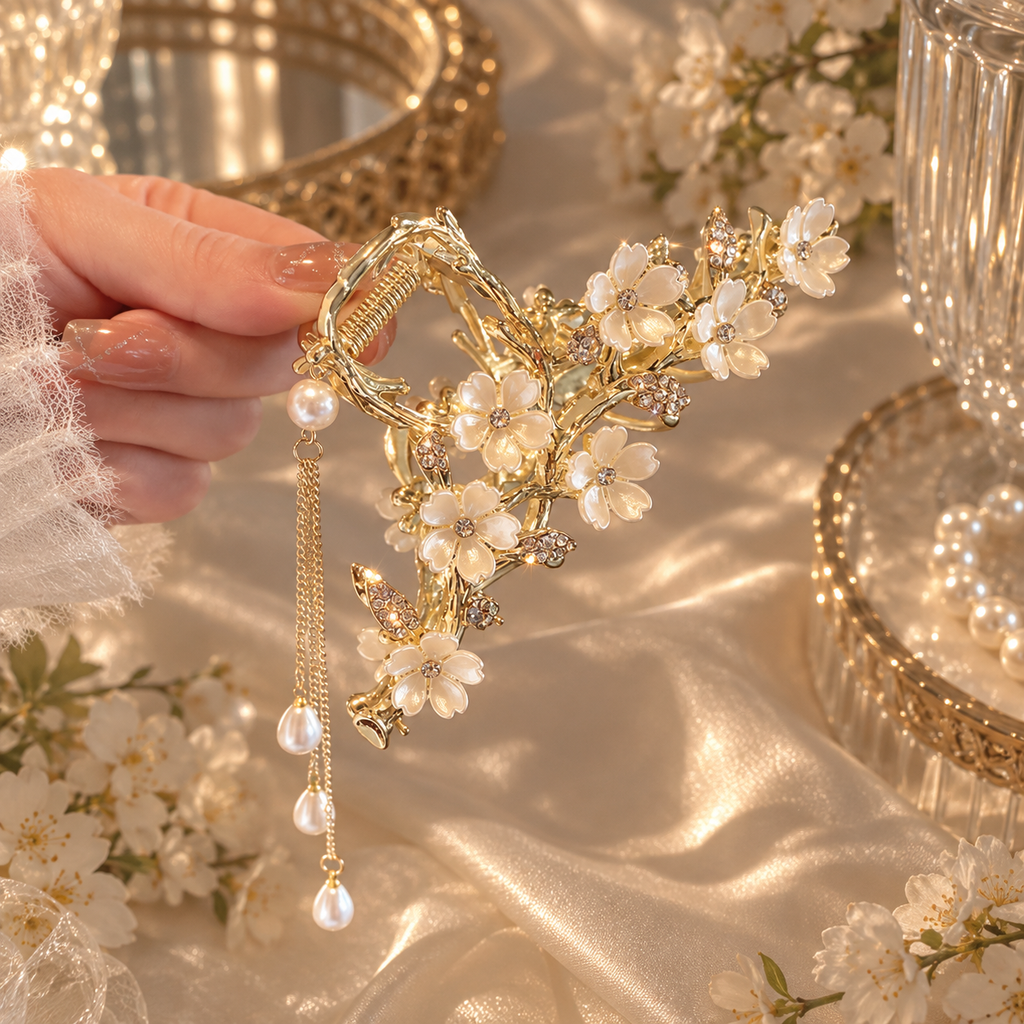 Zelpora gold orchid hair clip with pearl accents and dangling tassels held in a hand against a soft vintage backdrop