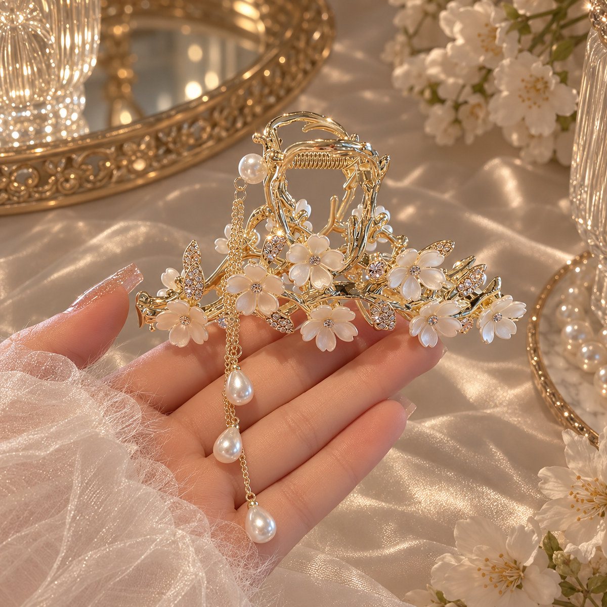 Zelpora gold-tone orchid hair clip featuring delicate white floral petals, pearl accents, and cascading pearl tassels.