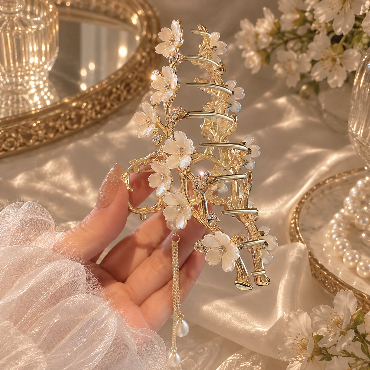 Zelpora gold-tone orchid hair claw clip with delicate white pearl flowers and a dangling pearl tassel chain.