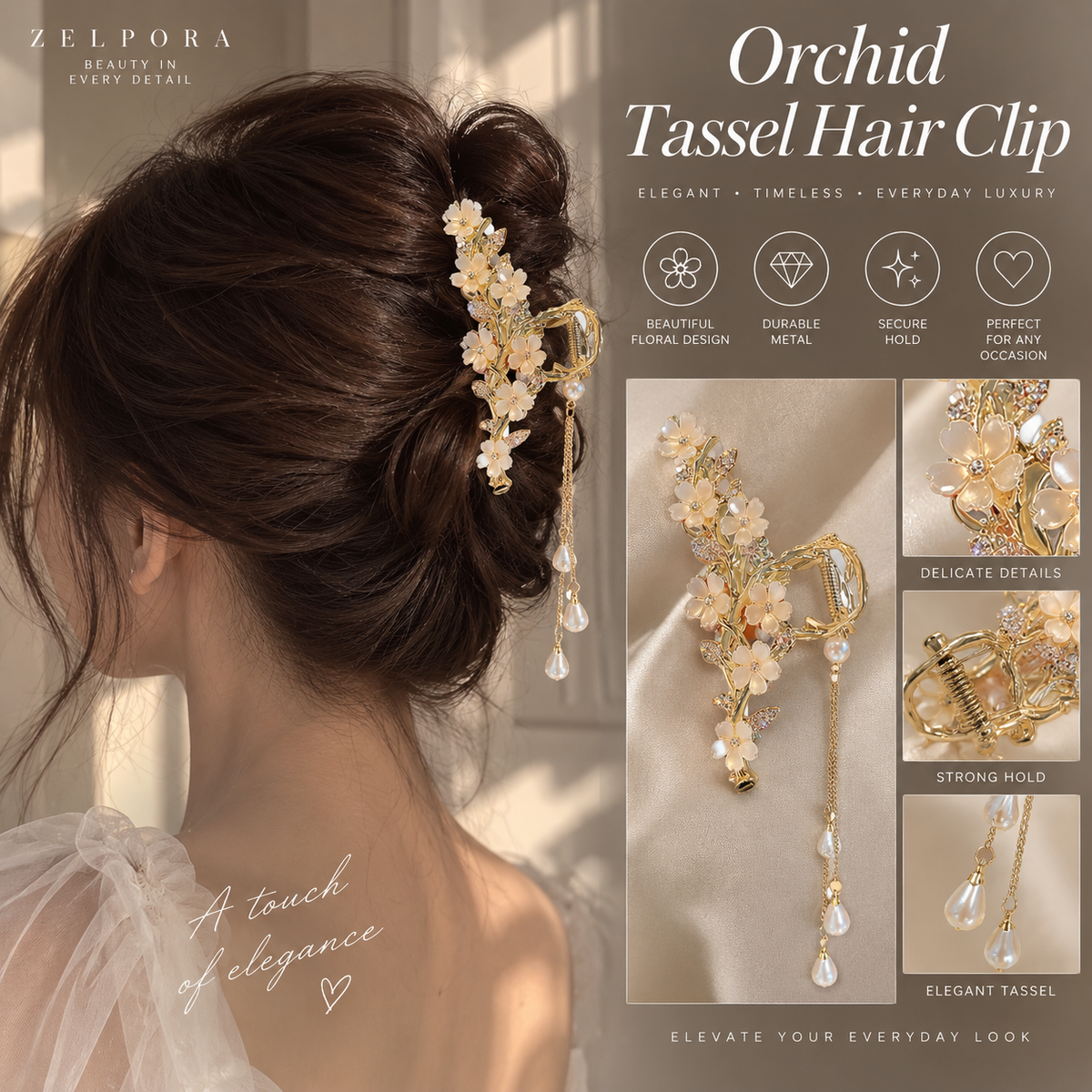 Zelpora orchid hair clip with gold metal, delicate floral details, and cascading pearl tassels worn in an updo