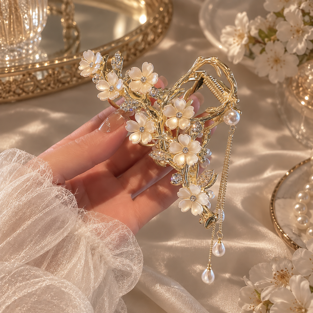 Zelpora gold-tone orchid hair clip with white floral petals, pearl accents, and dangling pearl tassels.