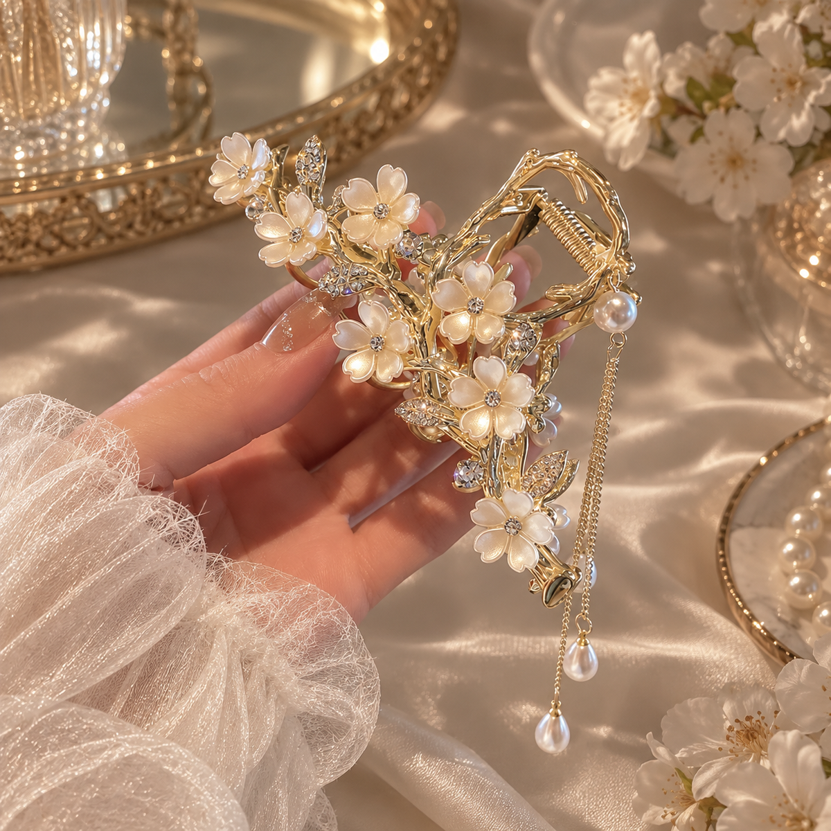 Zelpora gold-tone orchid hair clip with white floral petals, pearl accents, and dangling pearl tassels.